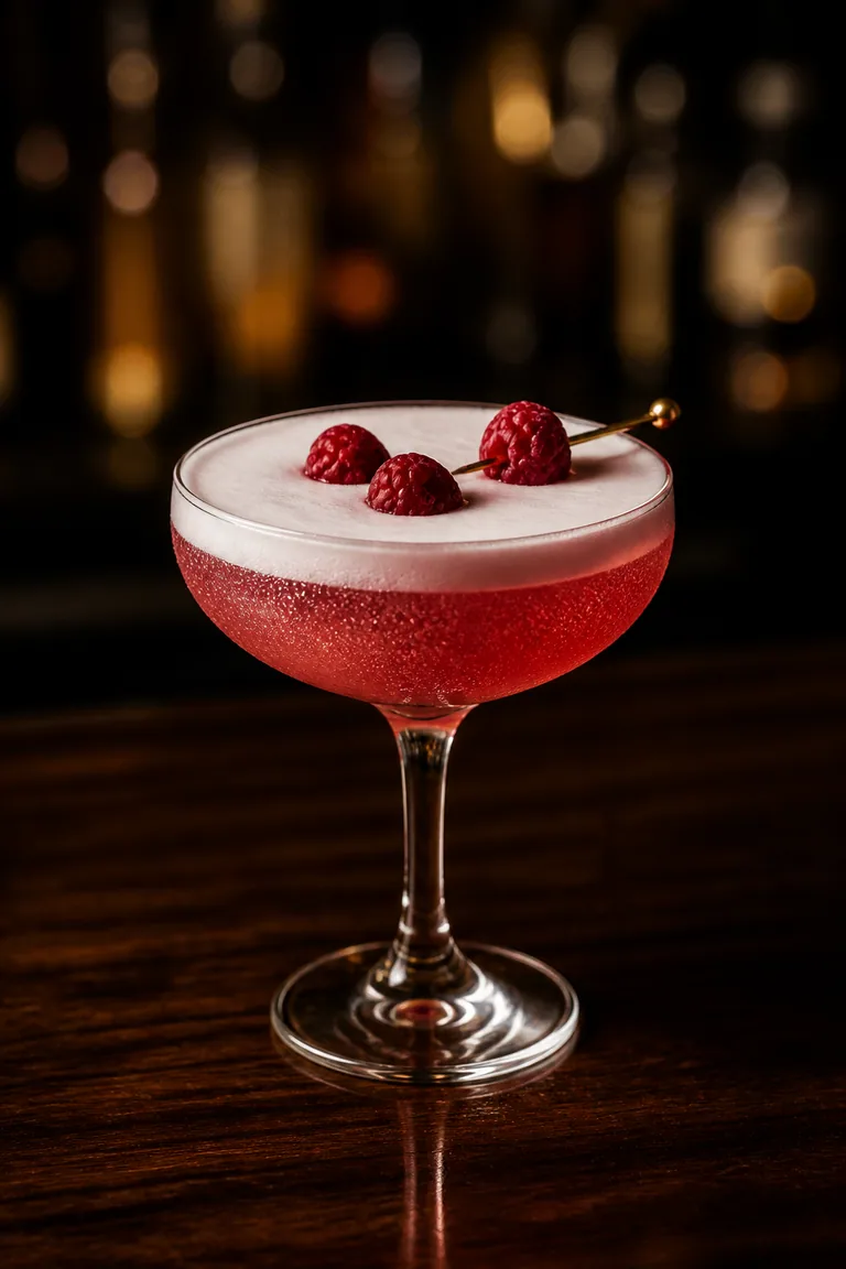 Clover Club i coupeglas med rosa drink och vitt skum toppat med hallon