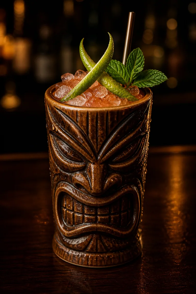 Cobra’s Fang i tikimugg med mörkröd drink, krossis och två limeskal som huggtänder