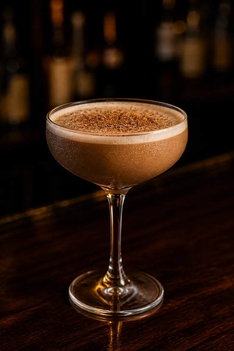 Coffee Cocktail i coupeglas, ogenomskinlig ljusbrun med riven muskot