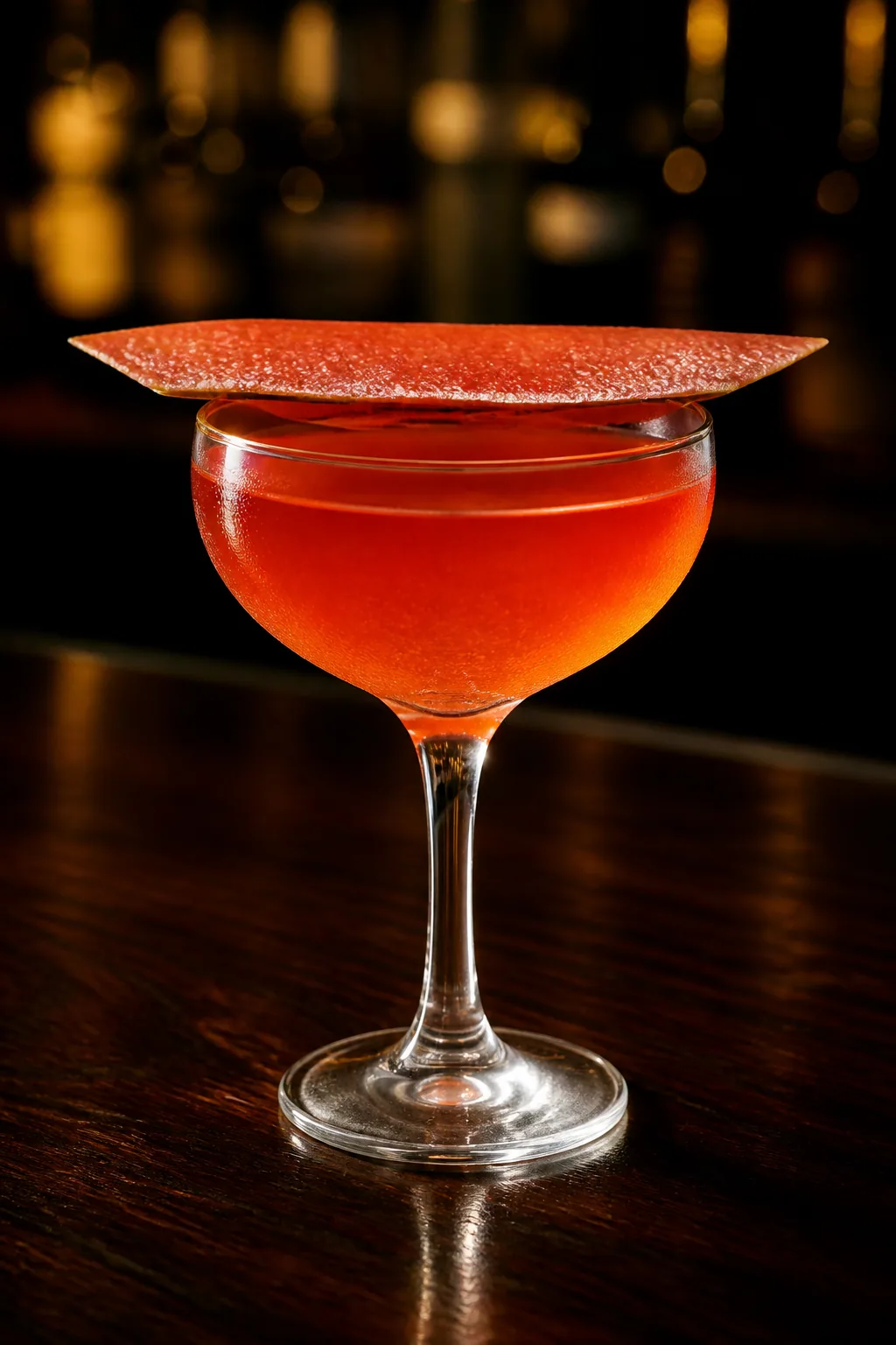 Contessa i coupe med klar orangeröd drink och grapefruktzest