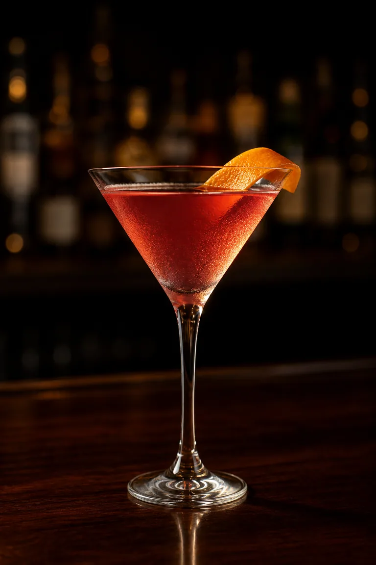 Cosmopolitan i martiniglas med genomskinlig rosa drink och apelsinzest