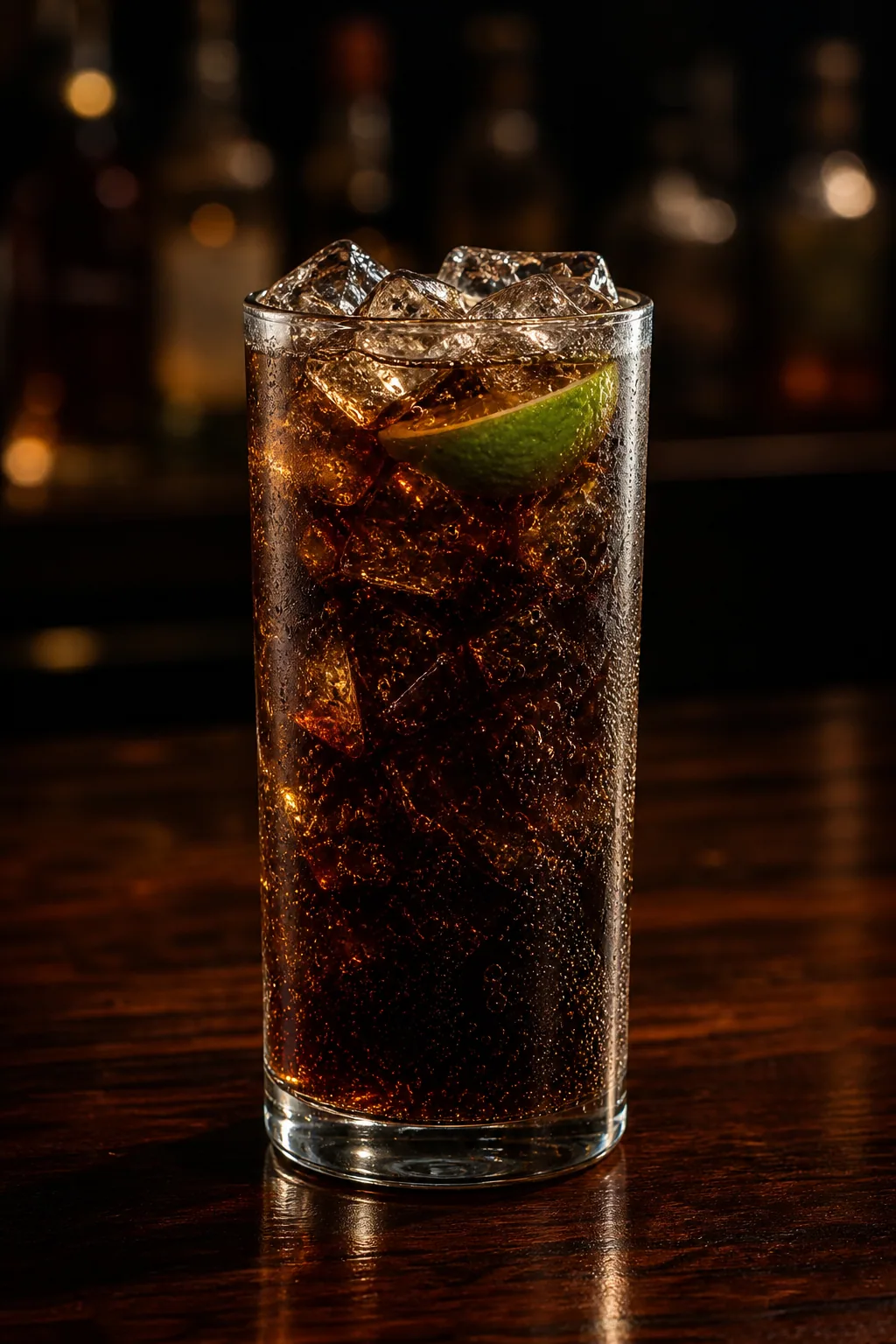Cuba Libre i highballglas med mycket is, mörk cola och limeklyfta