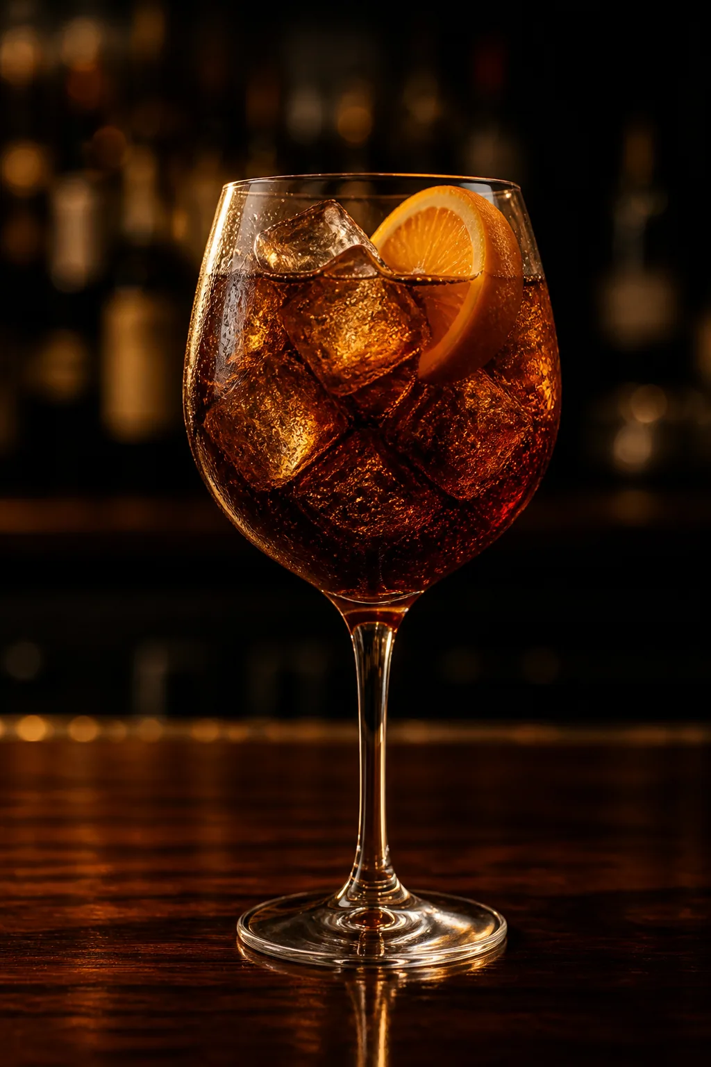 Cynar Spritz i stort vinglas med mörkt mahognybrun färg och apelsinskiva