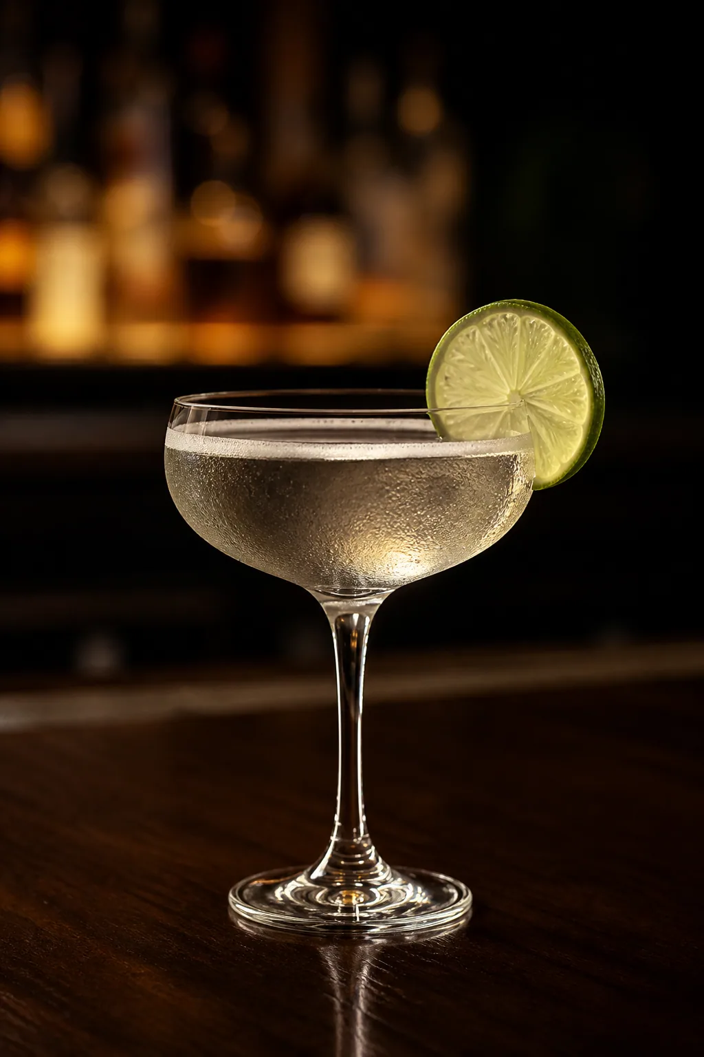 Daiquiri i coupeglas, glasklar och blekt gulaktig, med limeskiva på kanten