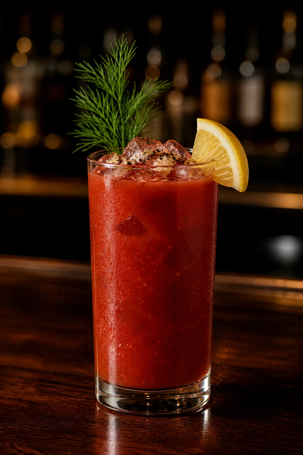 Danish Mary i highballglas med tjock röd tomatdrink, dillkvist och citronklyfta