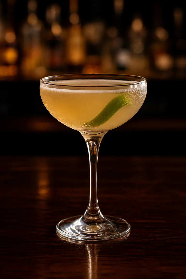 Doctor Cocktail i coupe med grumligt gyllenbrun färg och limezest