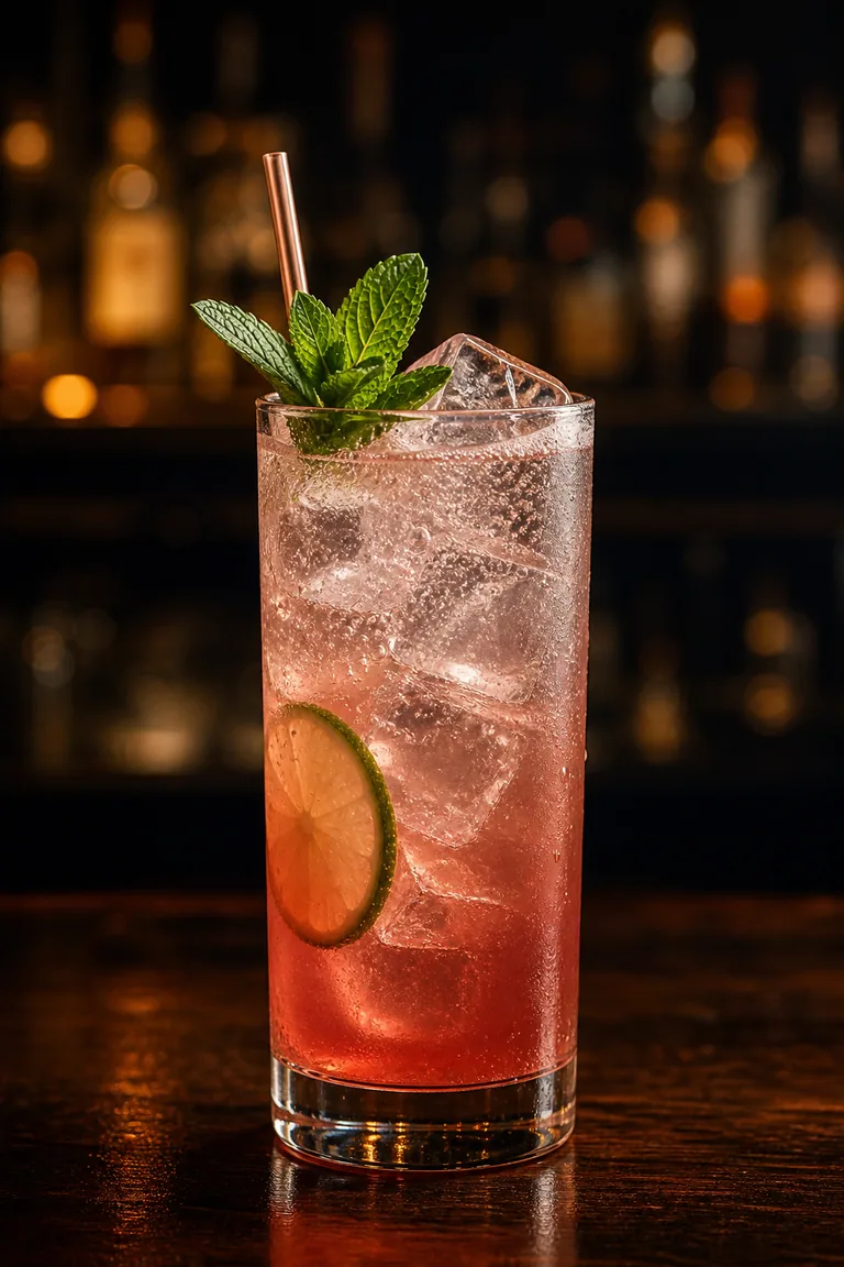 Doctor Funk i highballglas med isbitar, limeskiva och myntakvist