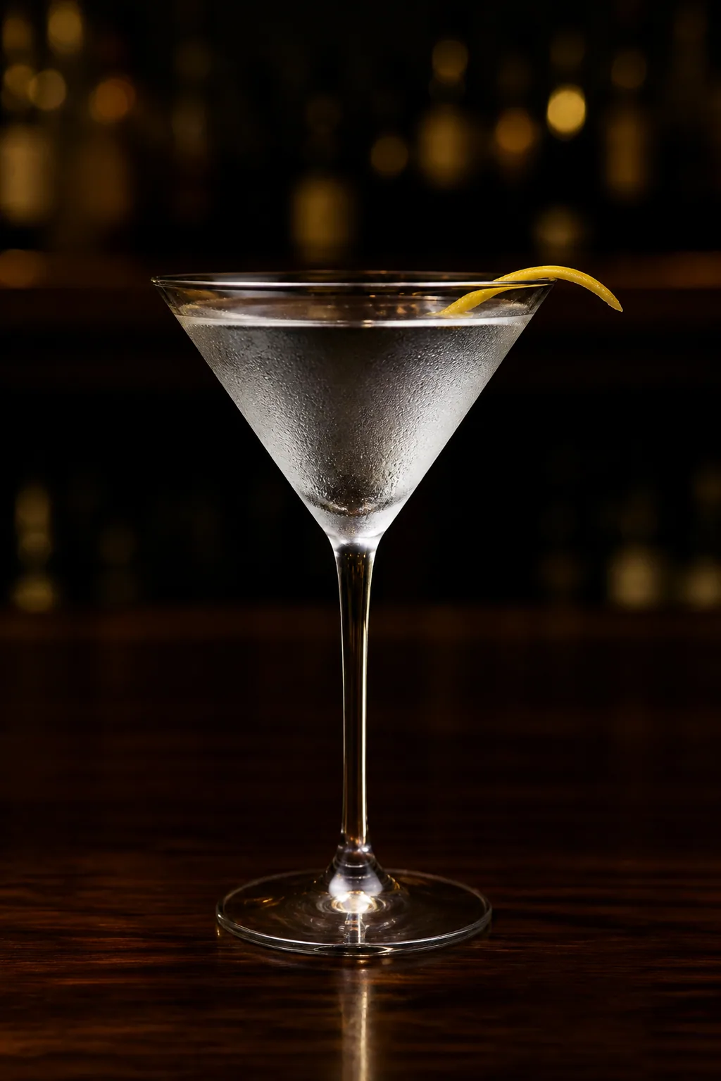 Dry Martini i fryst martiniglas med citronzest på kanten