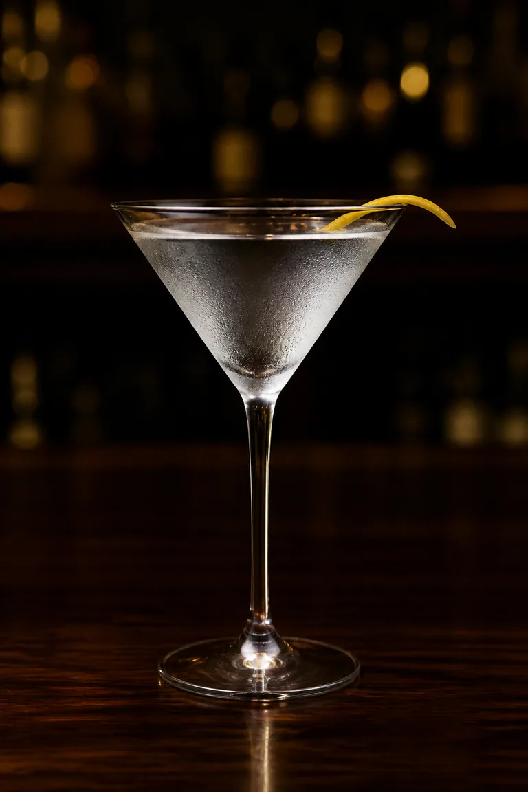 Dry Martini i fryst martiniglas med citronzest på kanten