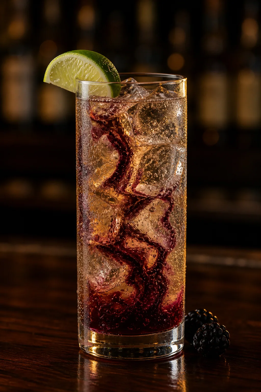 El Diablo i highballglas med ginger beer, is och mörkröda cassisstråk