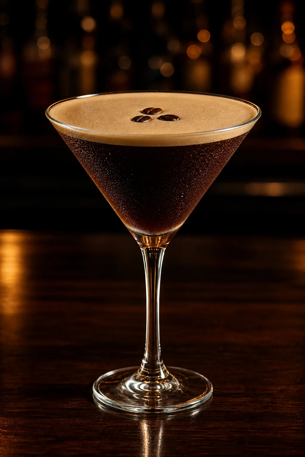 Espresso Martini i martiniglas med tjockt ljusbrunt skum och tre kaffebönor