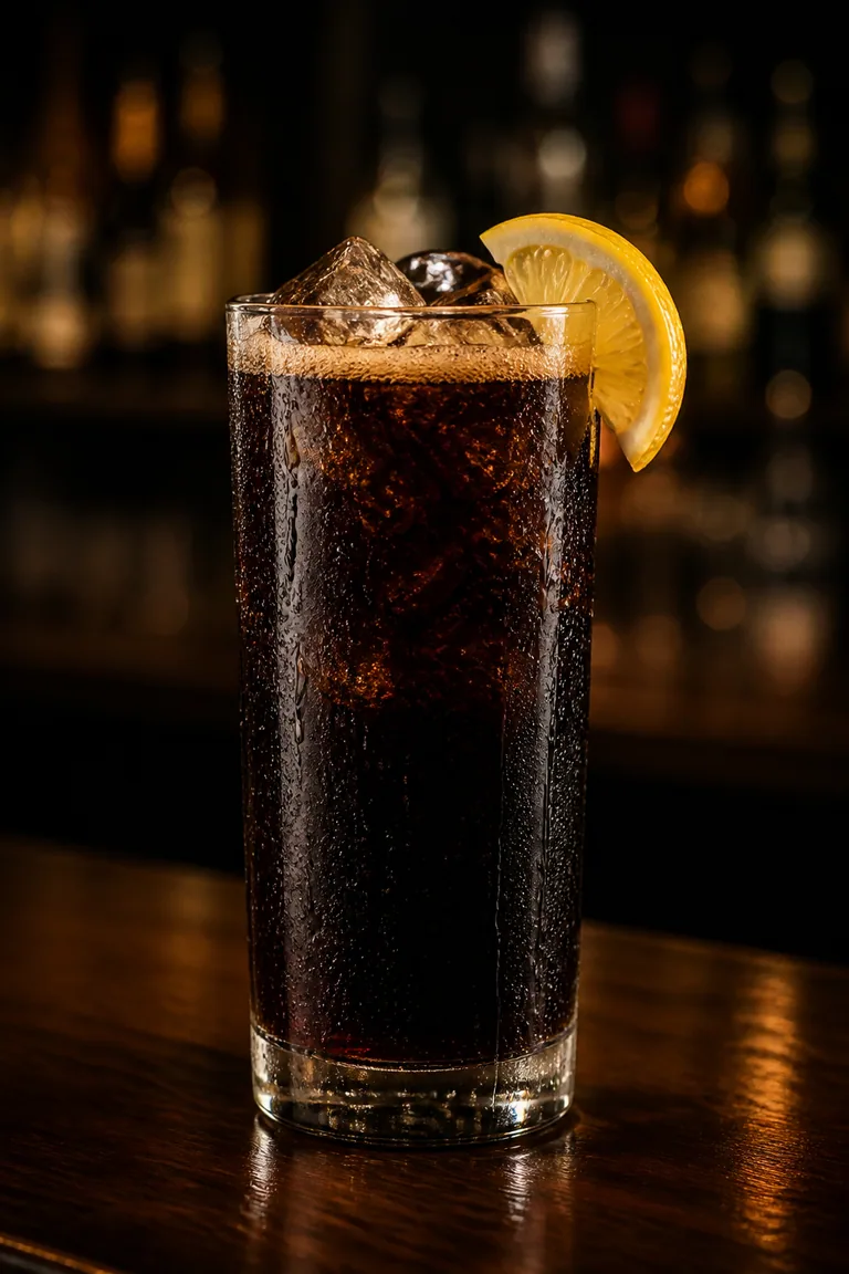 Fernet con Coca i highballglas, mörkbrun med is och lätt skum