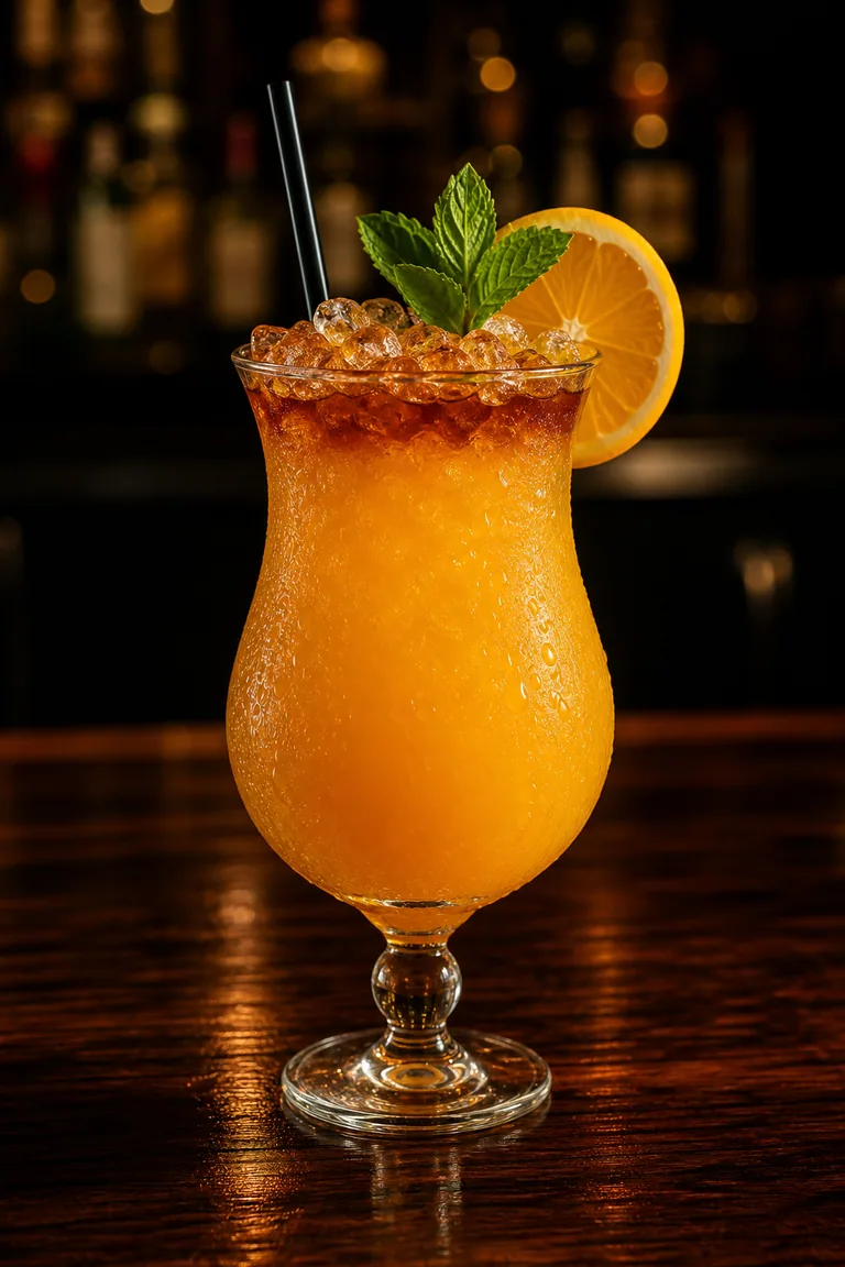 Fog Cutter i hurricaneglas med orange juicedrink, krossis och sherry på toppen