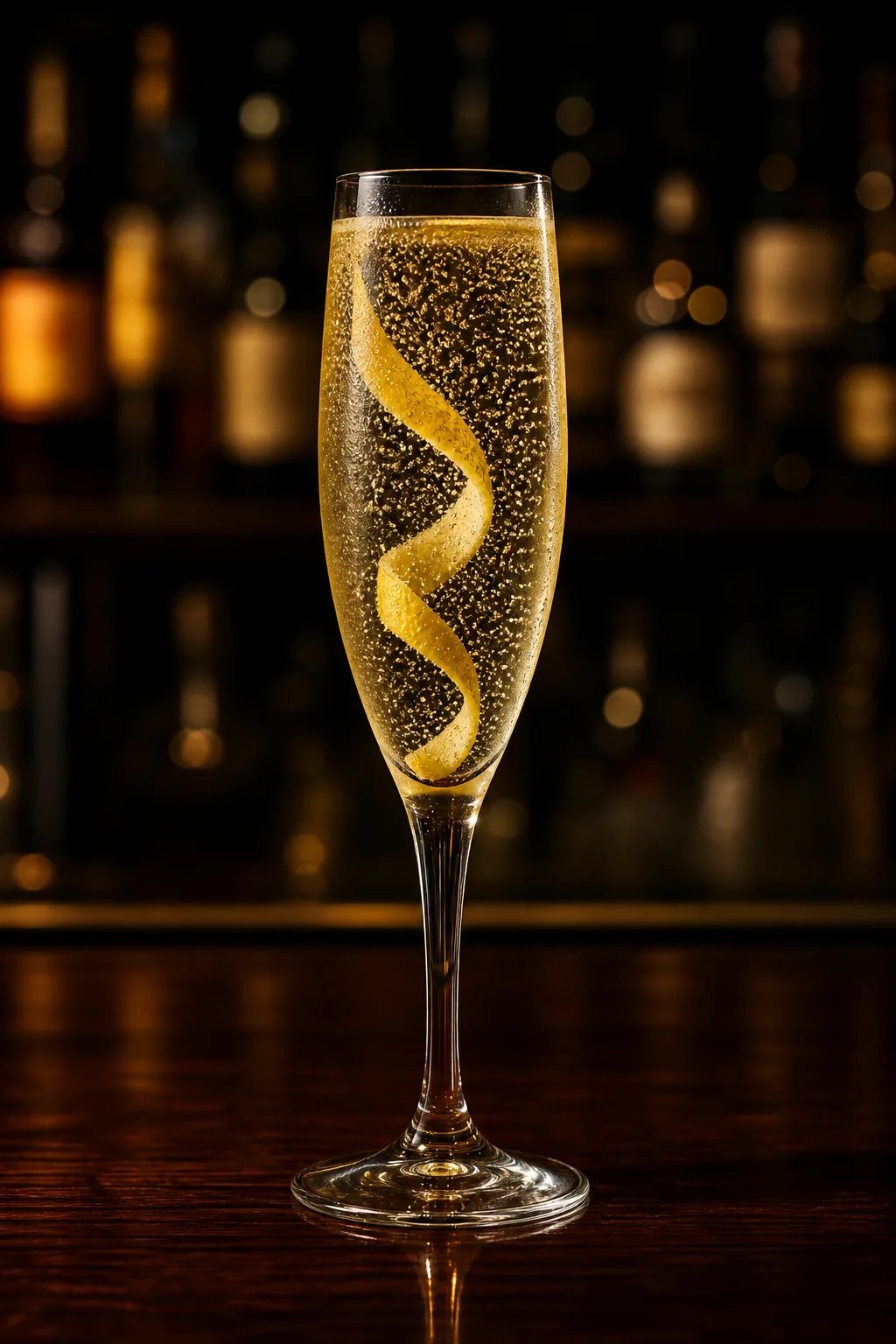 French 75 i champagneglas med citronzest och stigande bubblor