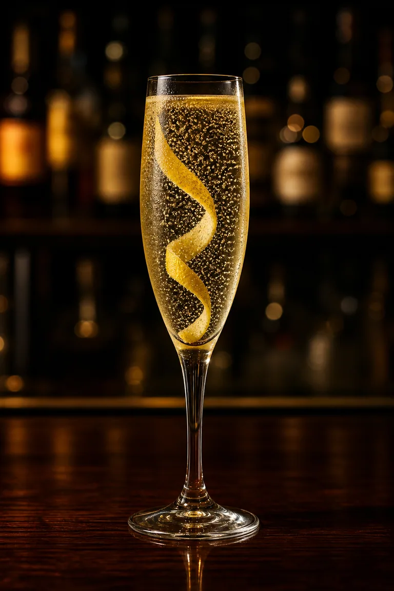 French 75 i champagneglas med citronzest och stigande bubblor