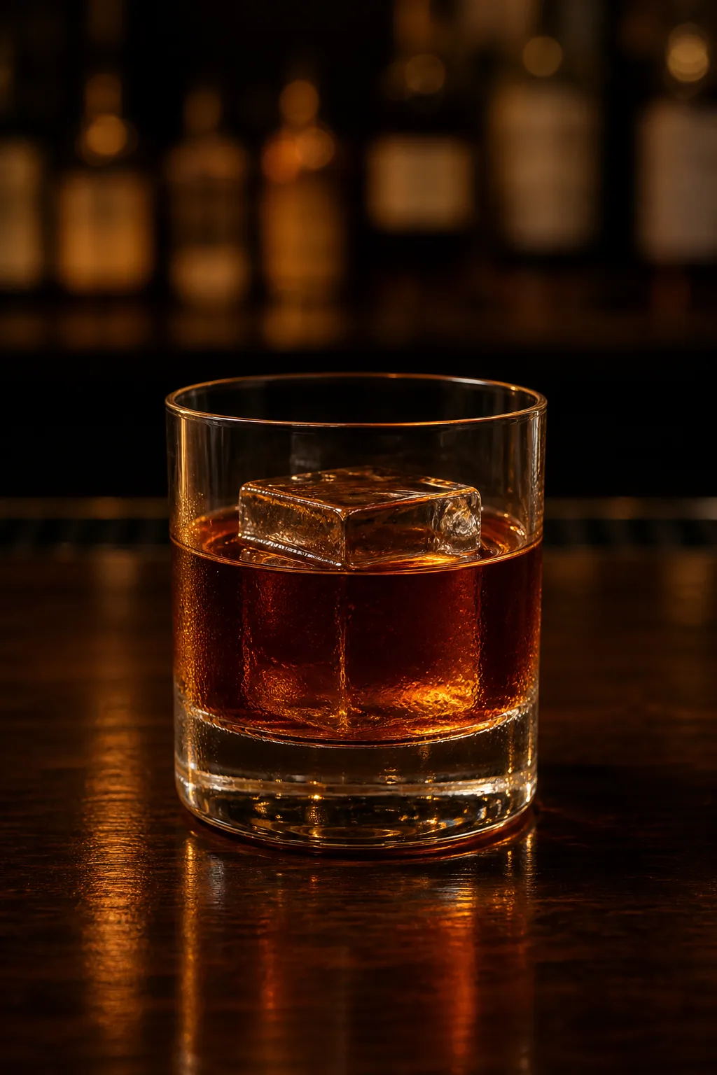 French Connection i lowballglas med konjak, amaretto och en stor iskub