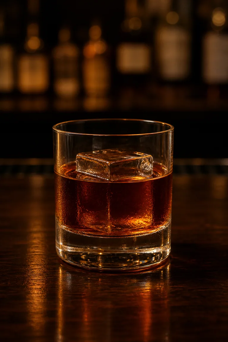 French Connection i lowballglas med konjak, amaretto och en stor iskub