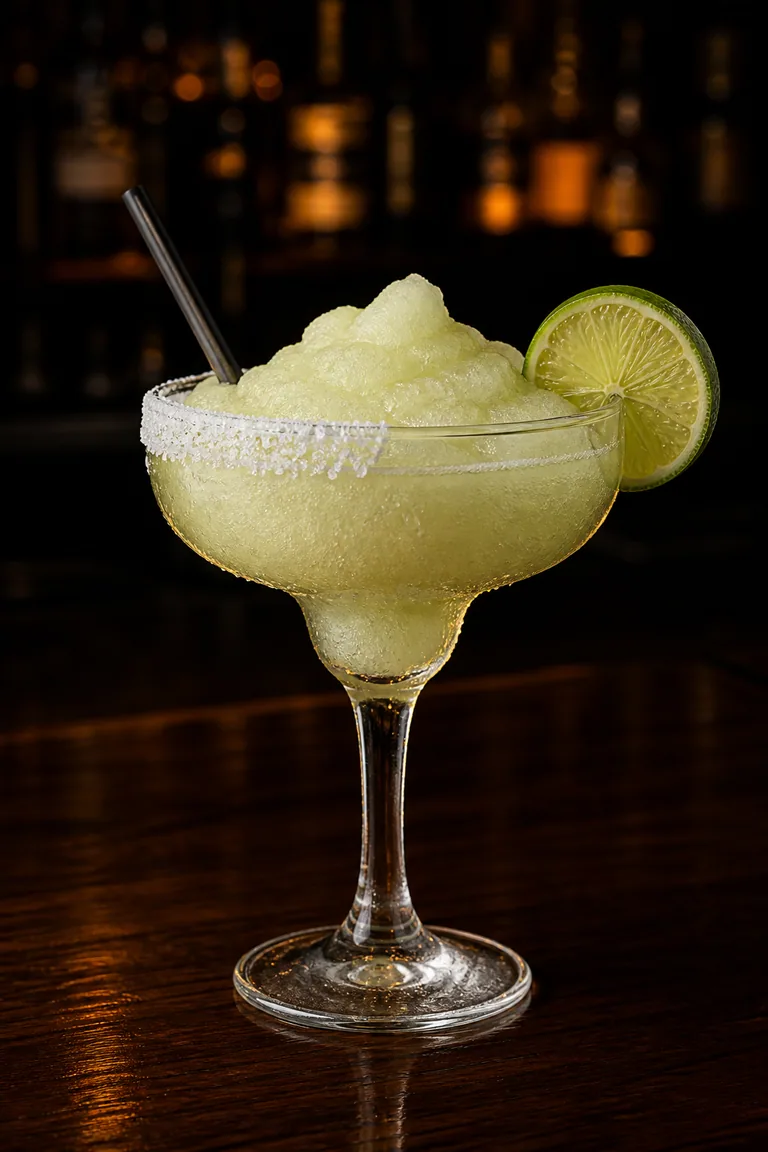 Frozen Margarita i margaritaglas med isslush, saltkant och limeskiva