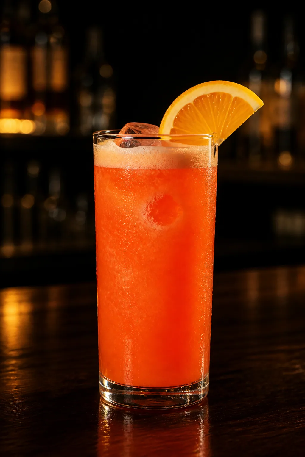 Garibaldi i highballglas med tjock orangeröd drink och krämigt skum på toppen