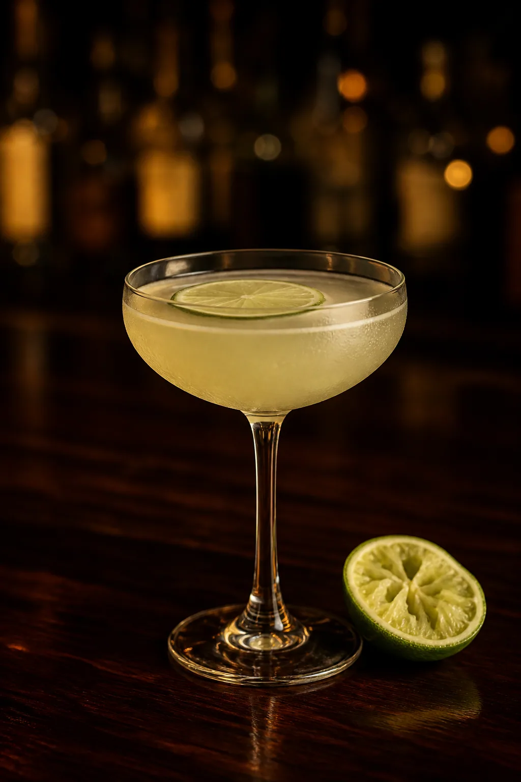 Gimlet i coupeglas med en tunn limeskiva
