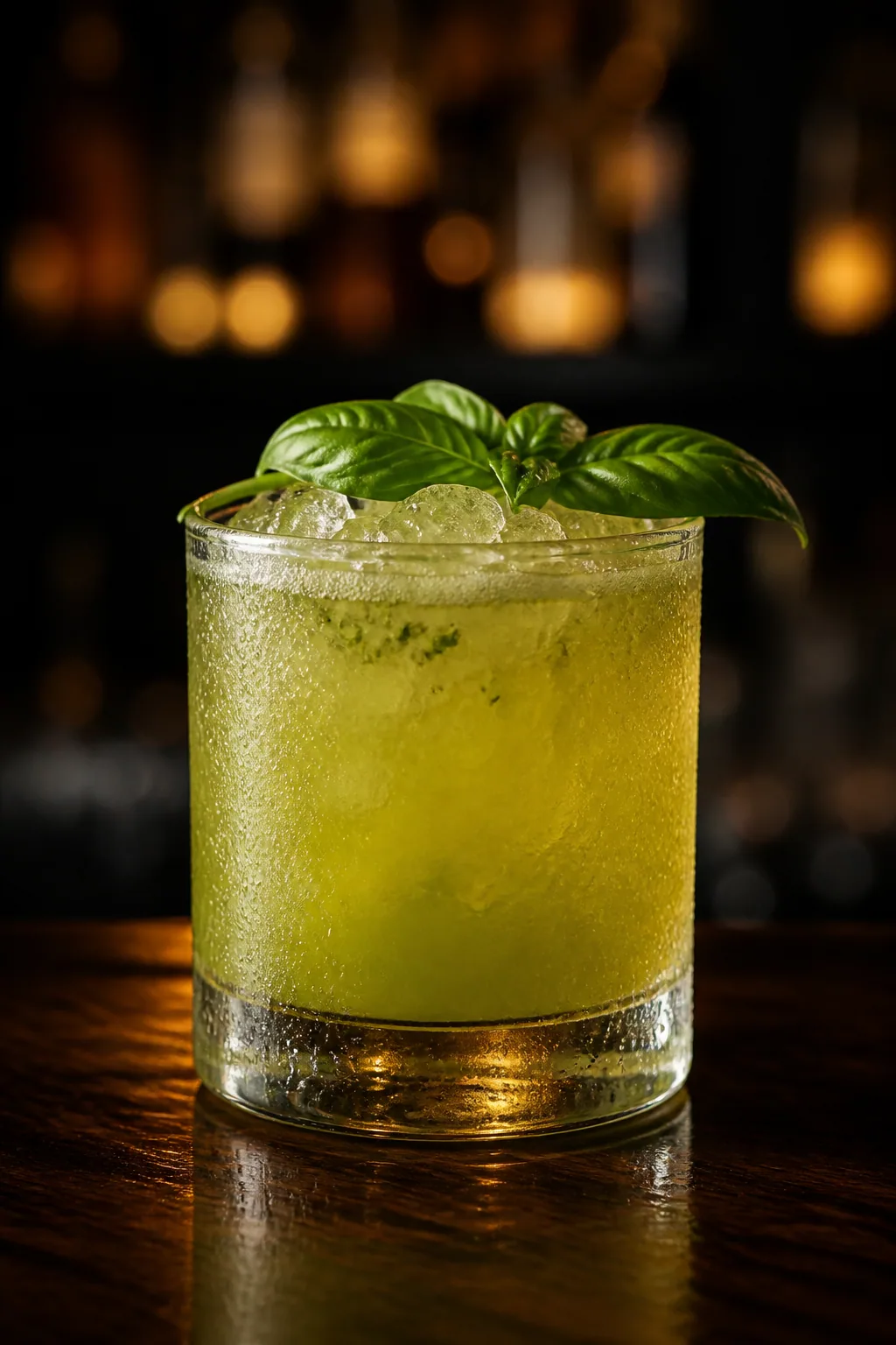 Gin Basil Smash i lowballglas med krossis och en kvist färsk basilika