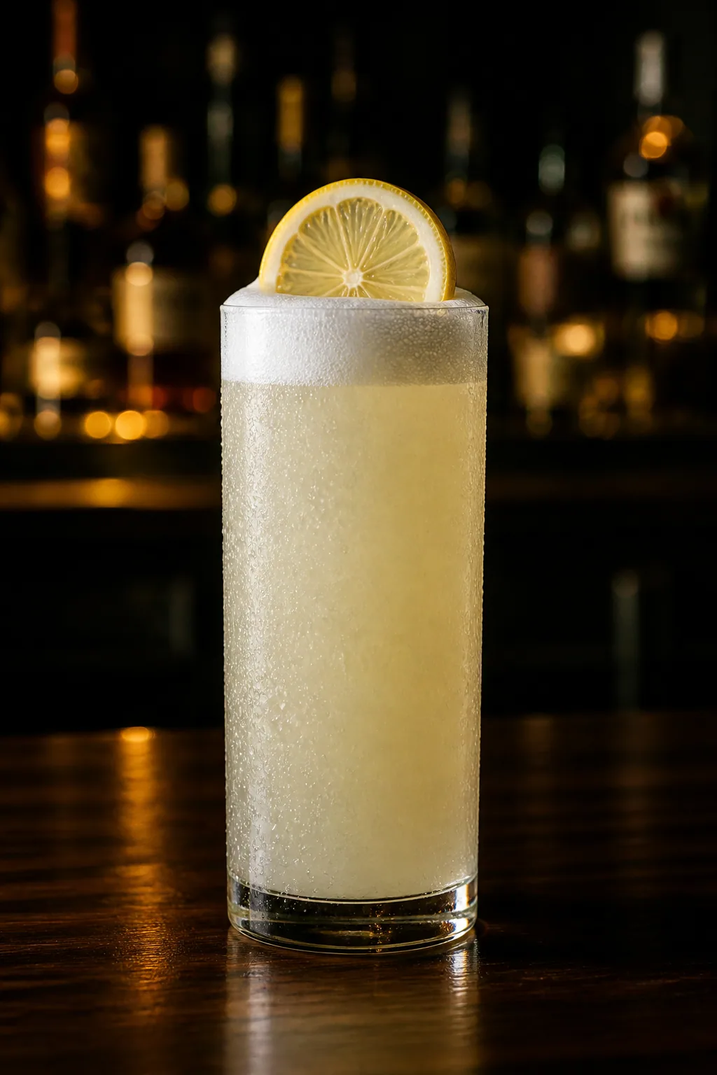 Gin Fizz i högt glas med blek gulvit drink och tjockt vitt skum över kanten
