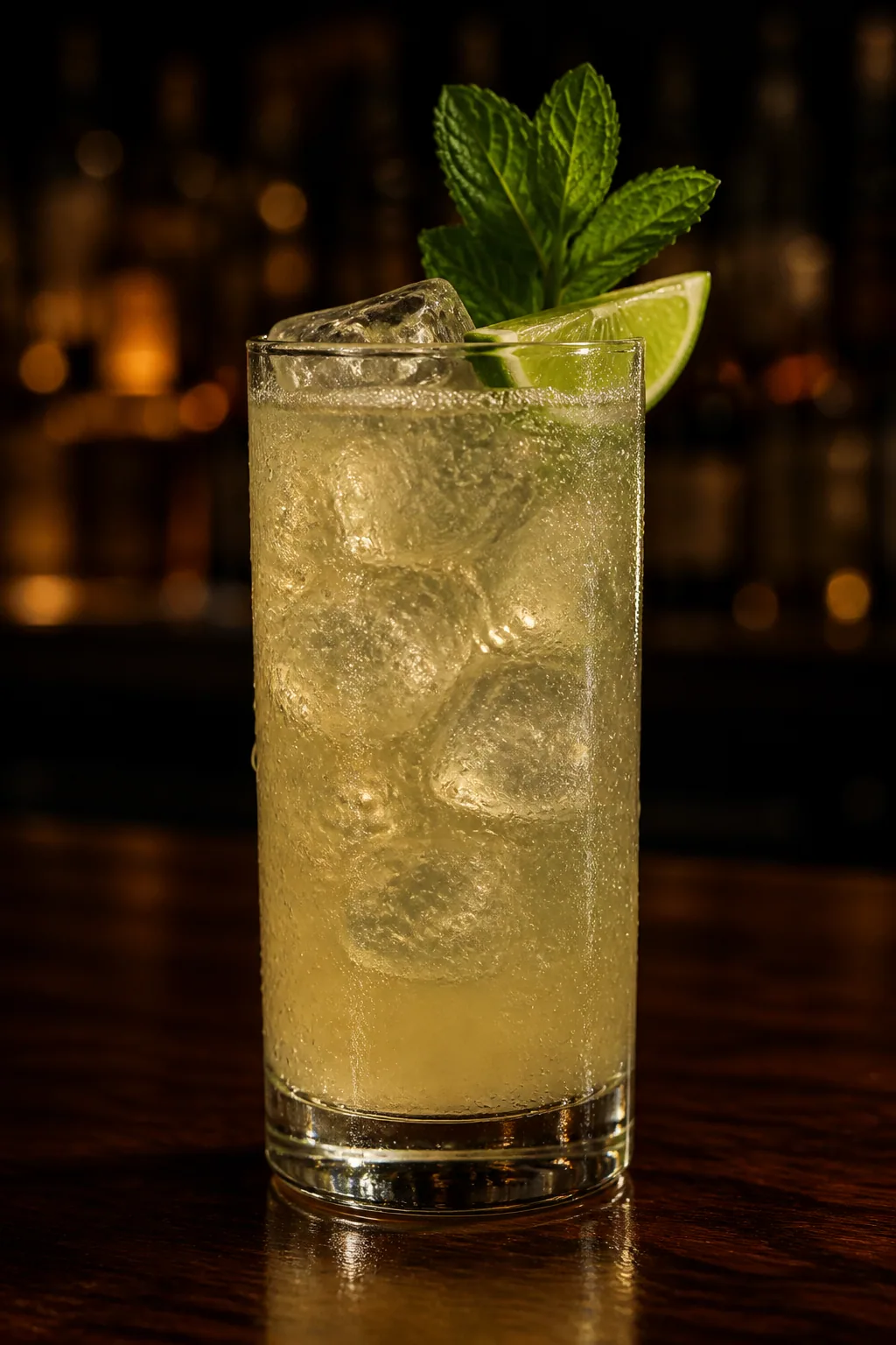 Gin-Gin Mule i highballglas med is, myntakvist och limeklyfta