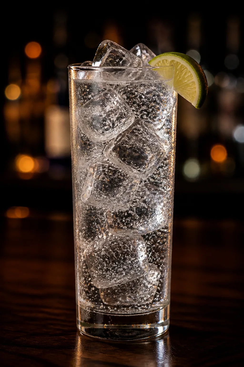 Gin & tonic i highballglas fyllt med isbitar och en limeklyfta