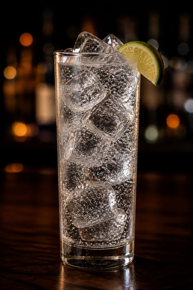 Gin & tonic i highballglas fyllt med isbitar och en limeklyfta