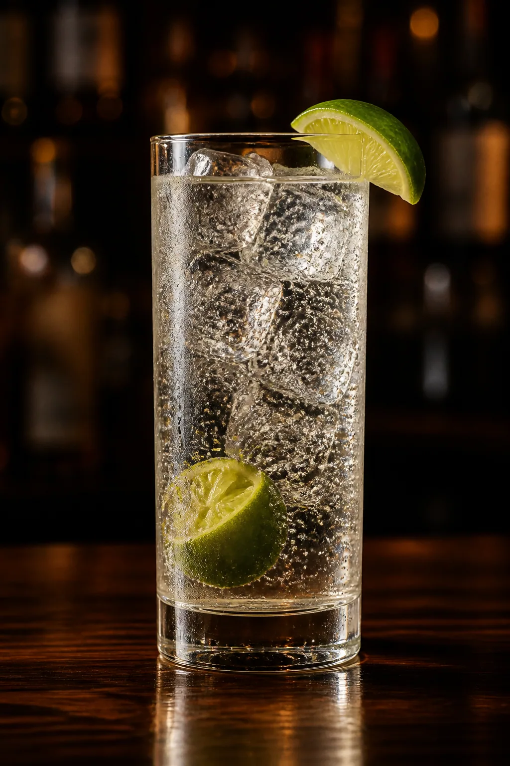 Gin Rickey i highballglas med is, bubblor och en limeklyfta