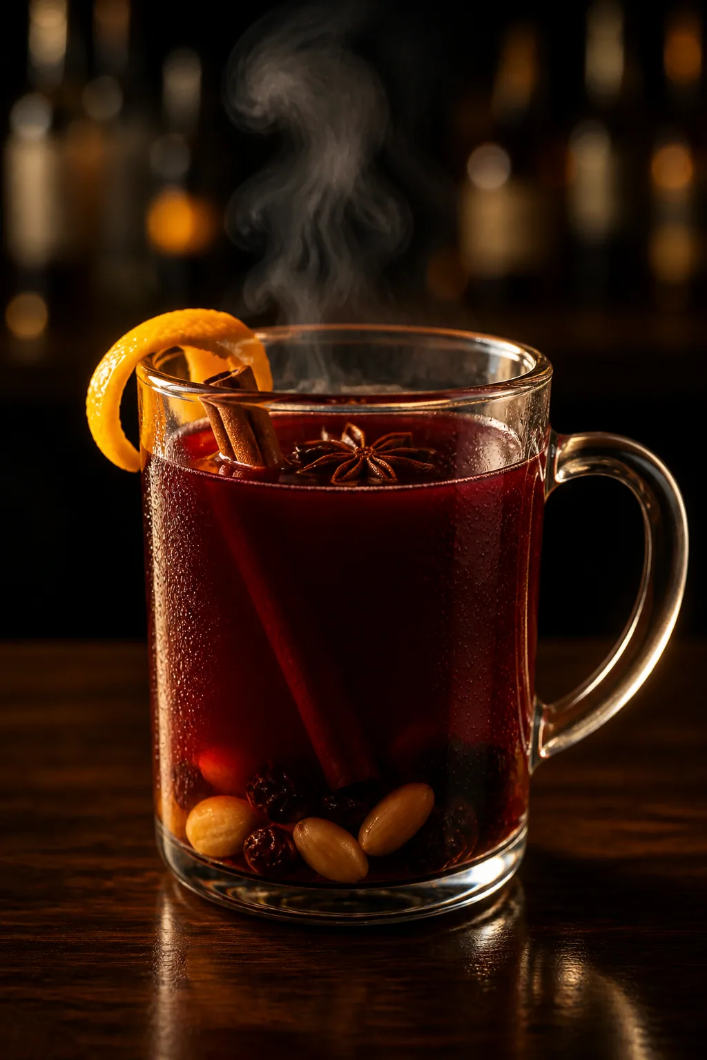 Varm rödbrun glögg i toddyglas med russin, mandel och en kanelstång