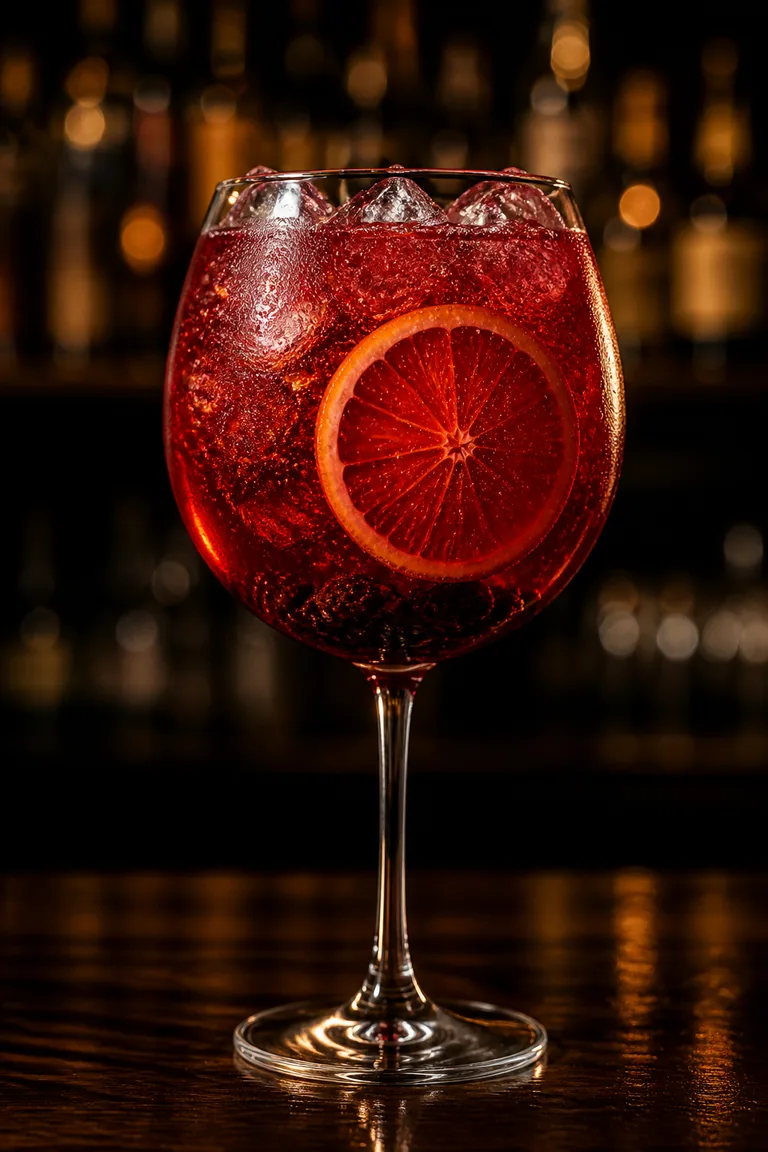 Röd glöggspritz i stort vinglas med is, apelsinskiva och russin i botten