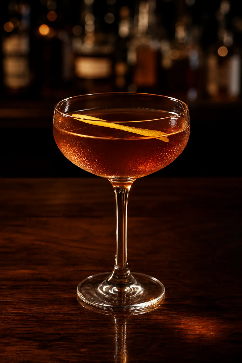 Grand Slam i coupe, klar bärnstensbrun drink med citronzest
