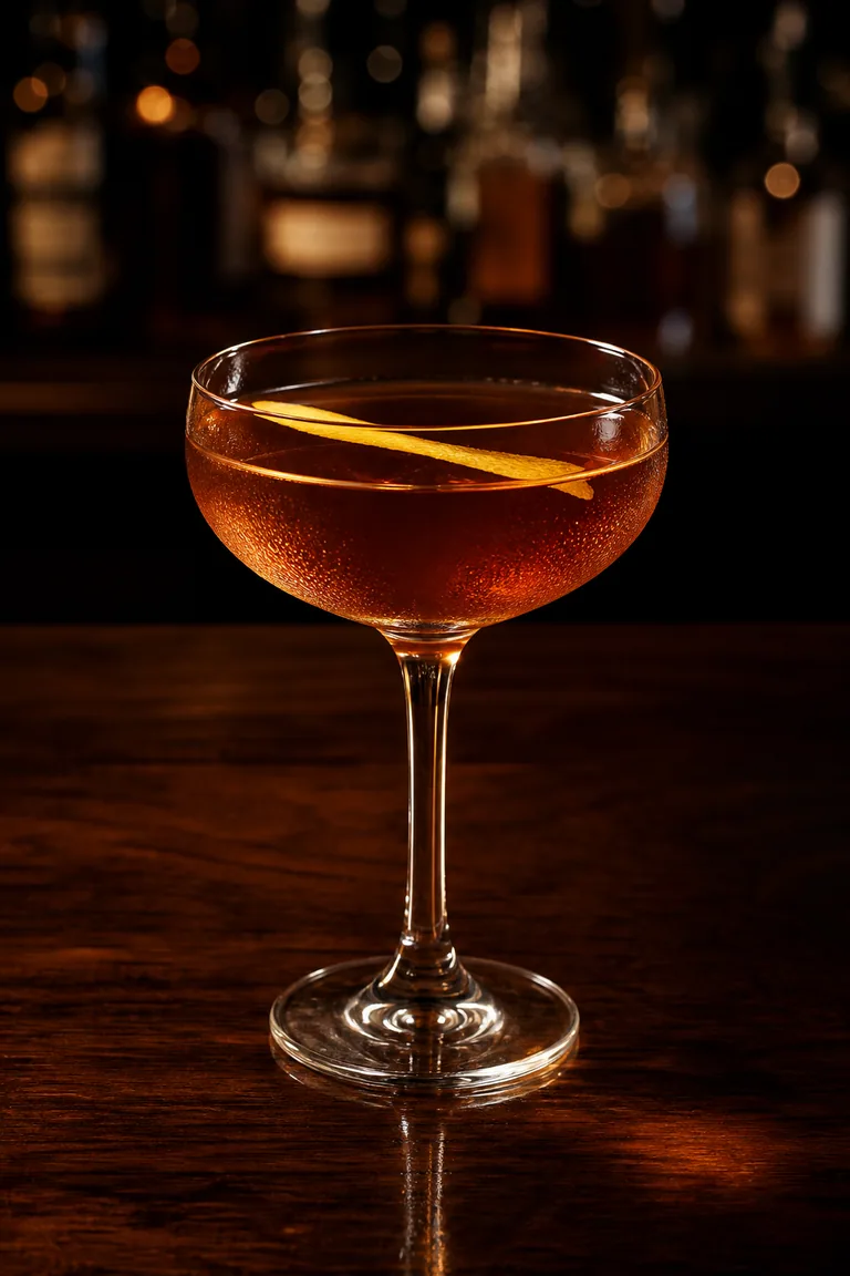 Grand Slam i coupe, klar bärnstensbrun drink med citronzest