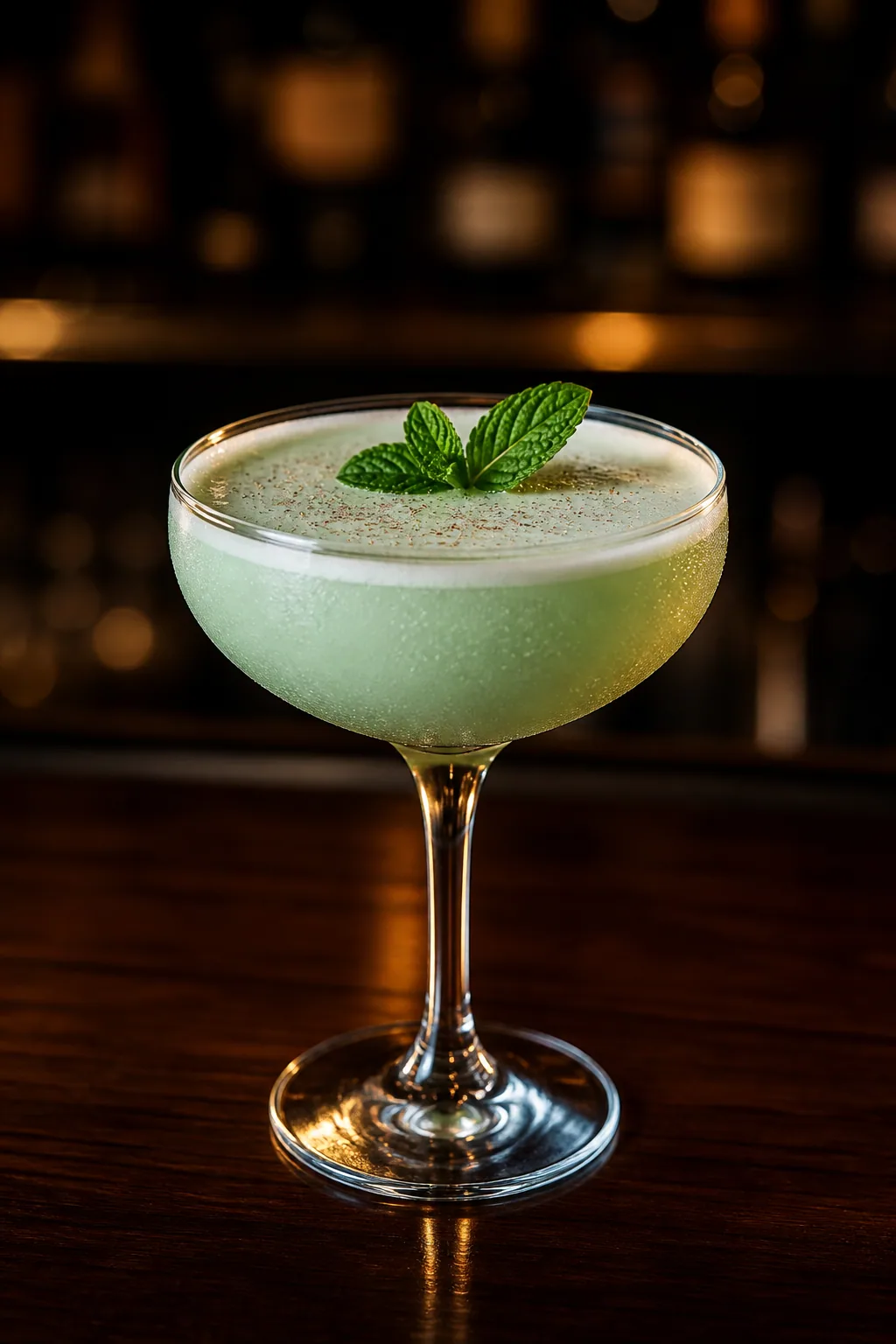 Grasshopper i coupeglas, ogenomskinligt mintgrön med myntkvist på ytan