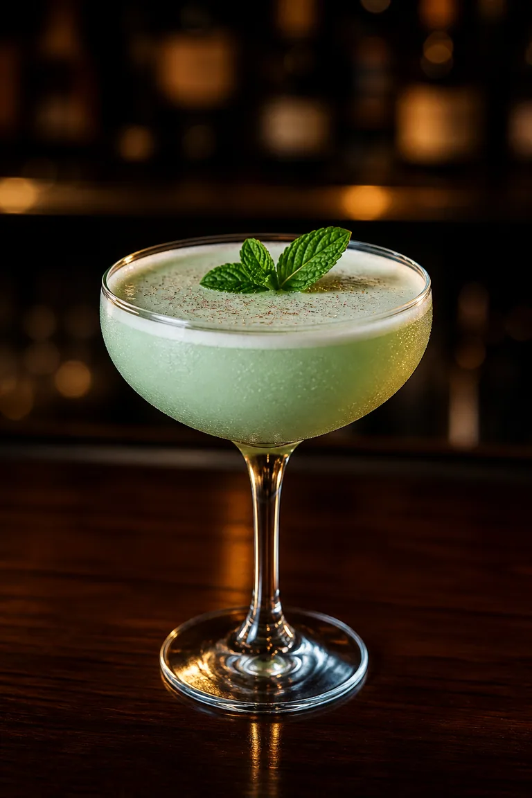 Grasshopper i coupeglas, ogenomskinligt mintgrön med myntkvist på ytan