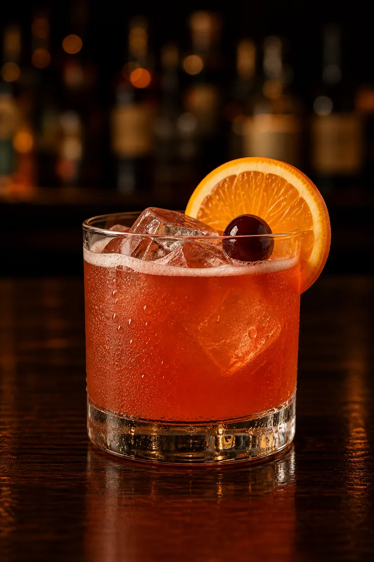 Halekulani Cocktail i lowballglas, orangeröd med apelsinskiva och cocktailbär