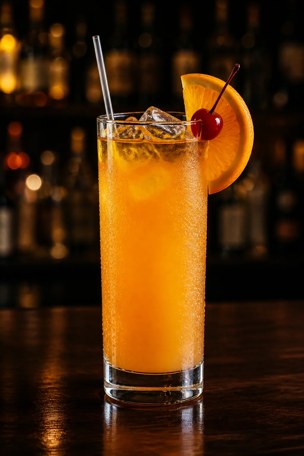 Harvey Wallbanger i highballglas med apelsinjuice och ett gyllene lager Galliano överst