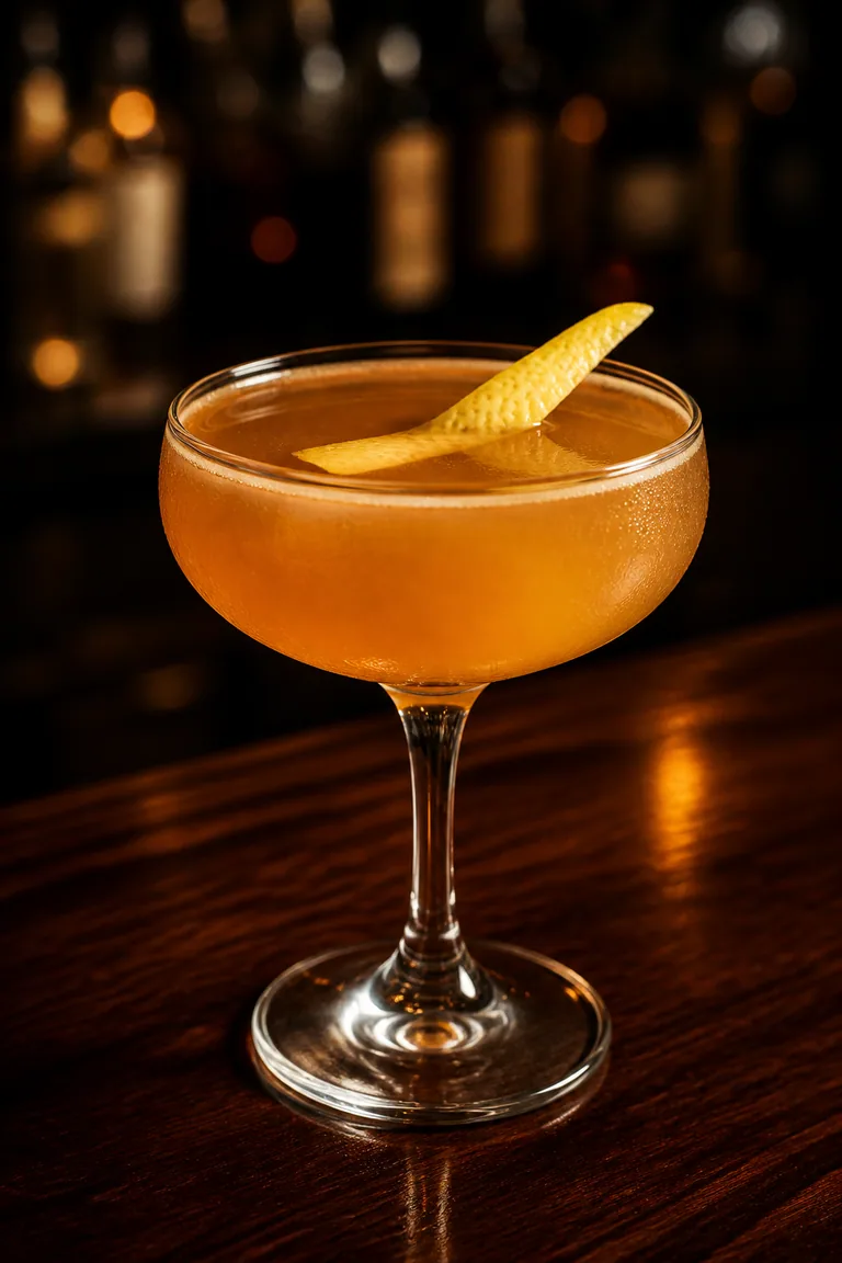 Havana Cocktail i coupeglas, gyllene aprikosfärgad drink med citronzest