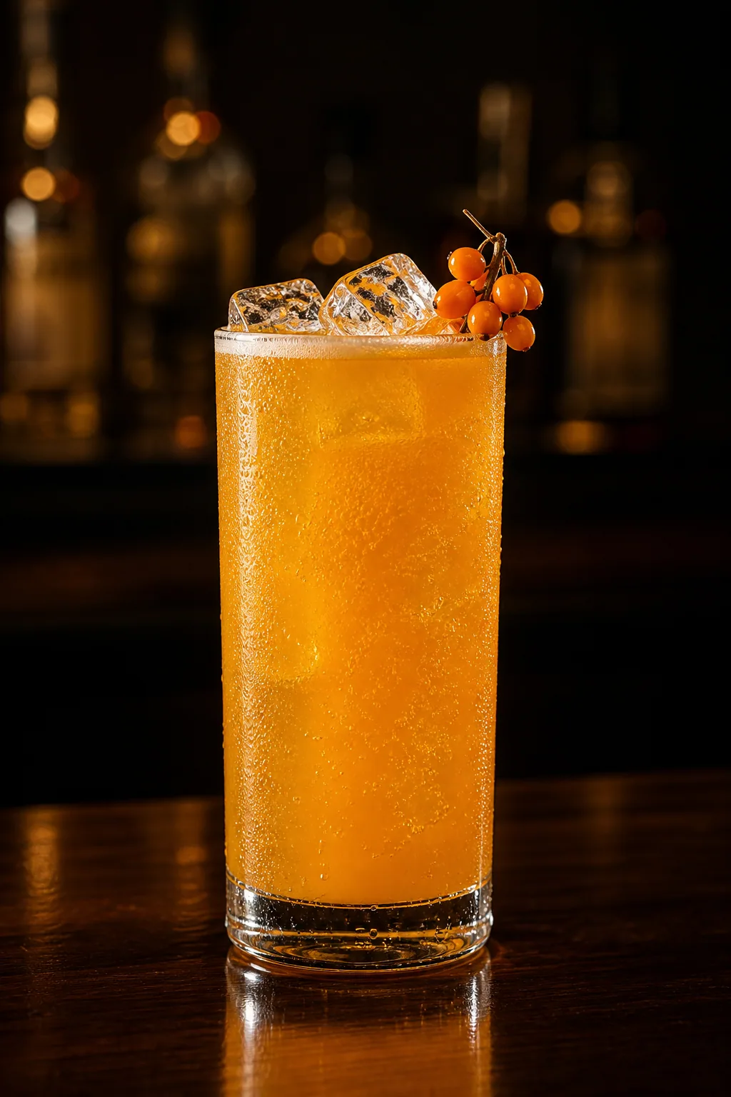 Havtornsfizz i highballglas, lysande orange med isbitar och bubblor
