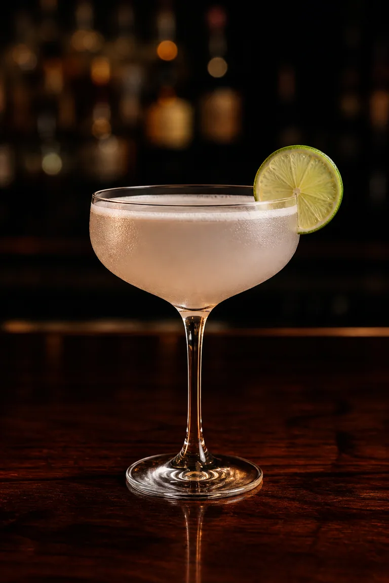 Hemingway Daiquiri i coupeglas, blekt grumlig med en tunn limeskiva på kanten