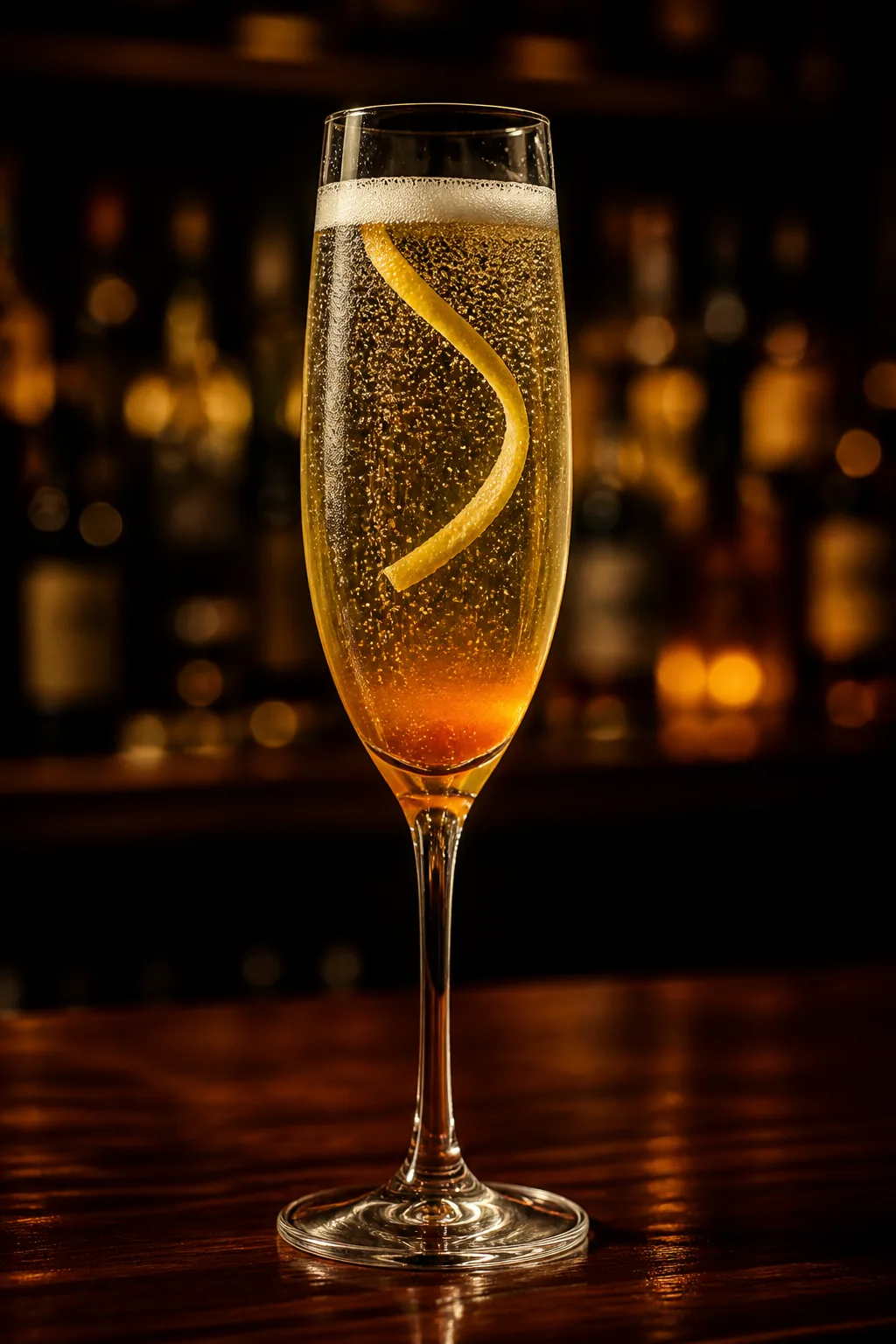 Hjortron Royal i champagneglas, bärnstensgul med bubbelsträngar och citronzest
