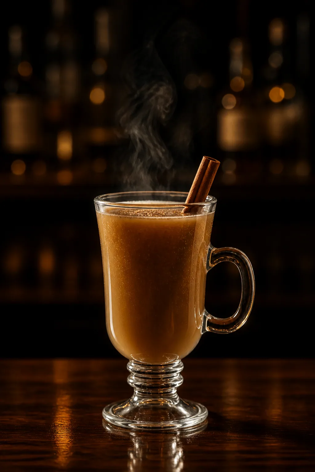 Hot Buttered Rum i toddyglas med kanelstång och riven muskot på ytan