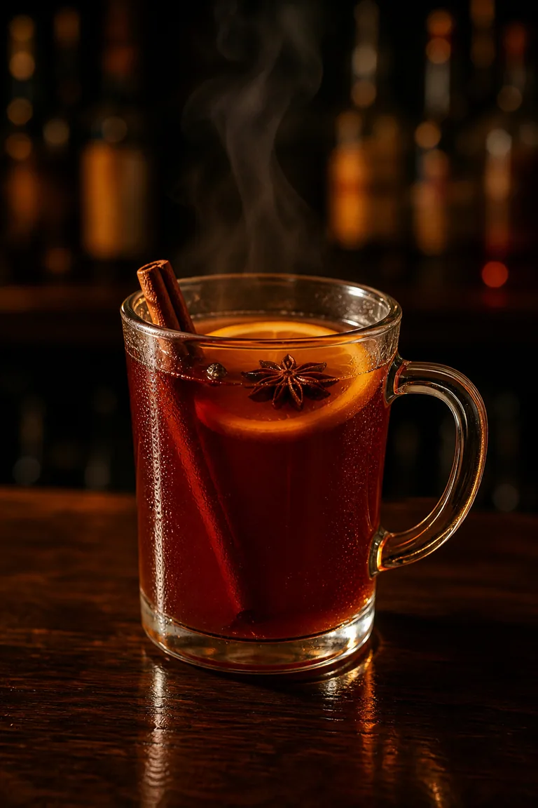 Hot Gin Punch i toddyglas med öra, mörkröd och ångande med apelsinskiva