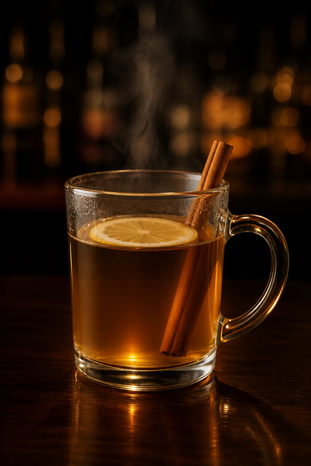 Hot Toddy i toddyglas med öra, citronskiva och kanelstång