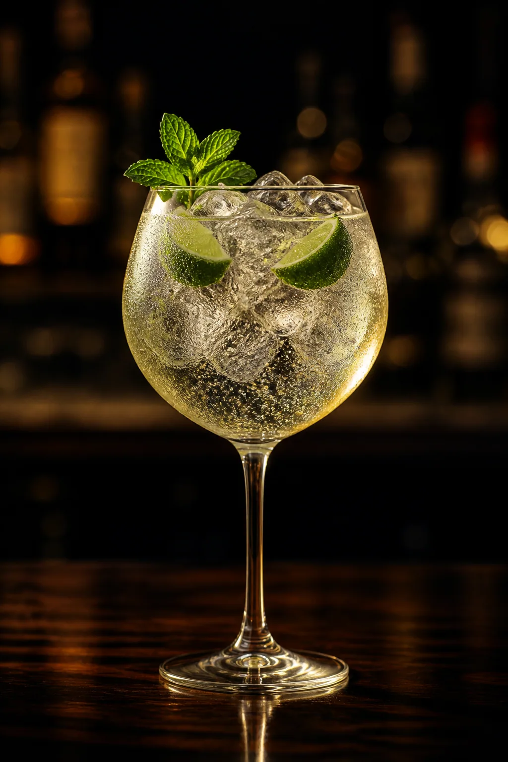 Hugo i stort vinglas med prosecco, is, limeklyftor och mynta