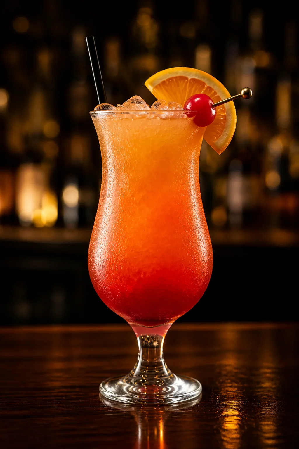 Hurricane i hurricaneglas med orangeröd drink, krossis, apelsinskiva och cocktailbär