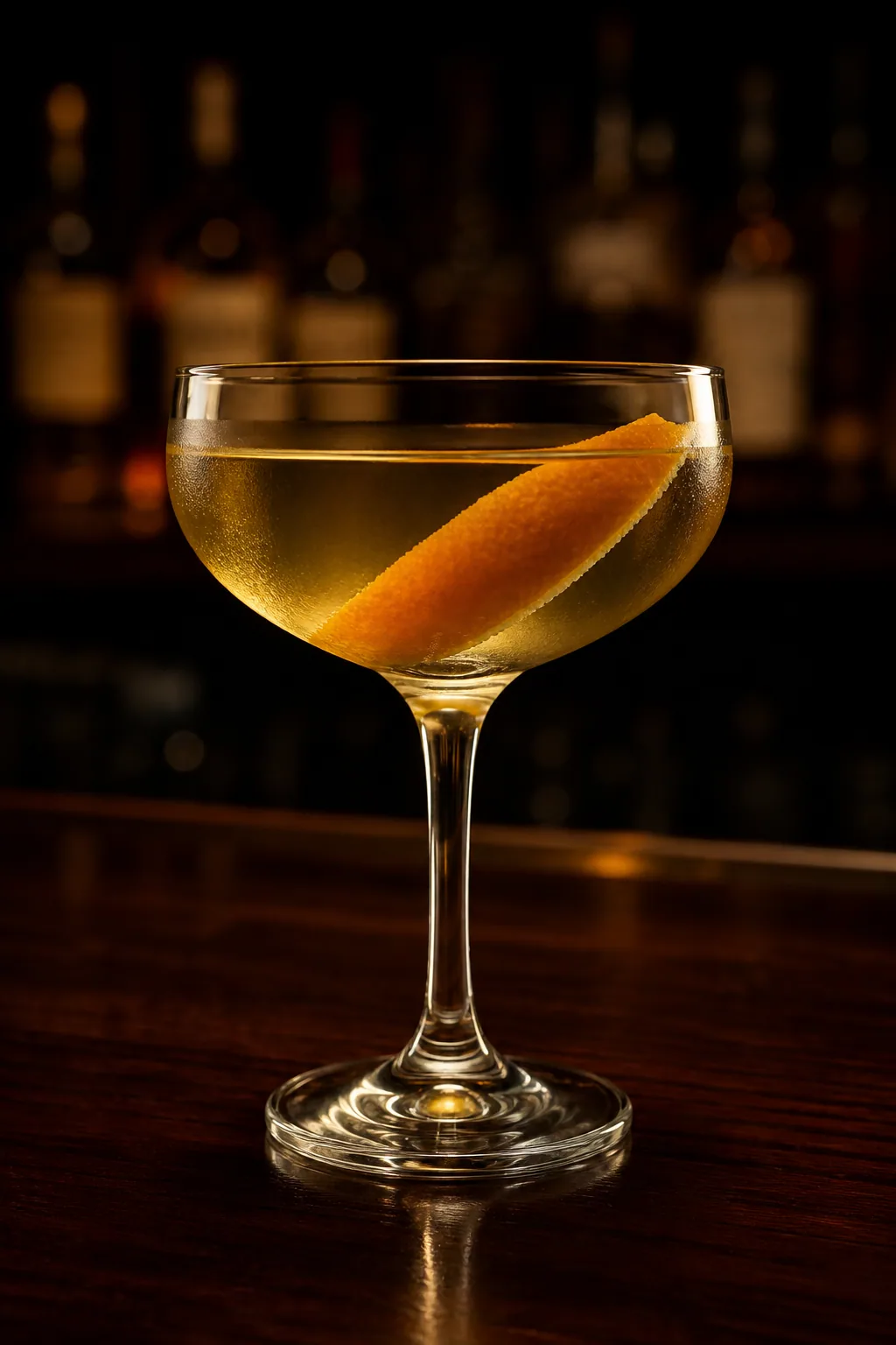 Ihlen’s Special i coupeglas, blek gyllene drink med en apelsinzest
