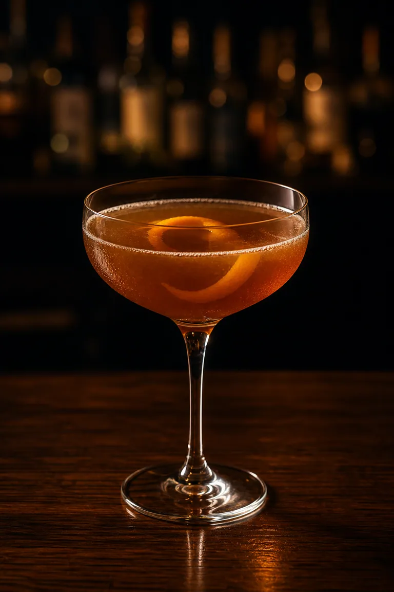 Income Tax Cocktail i coupeglas, dovt orangebrun med apelsinzest