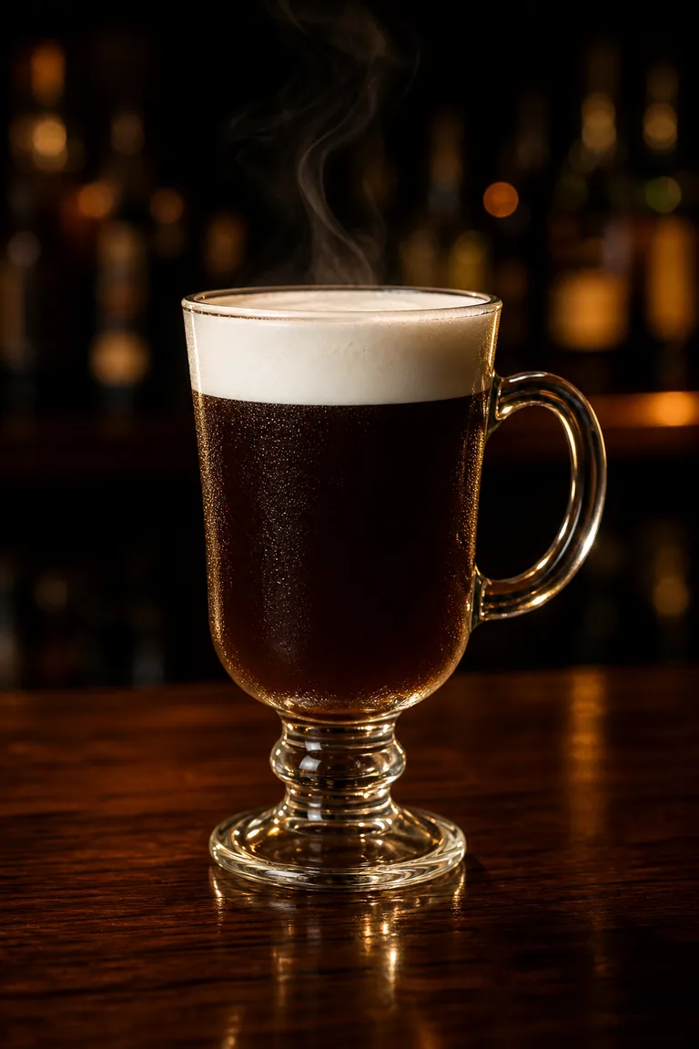 Irish Coffee i glas med handtag, mörkt kaffe och vitt gräddlager